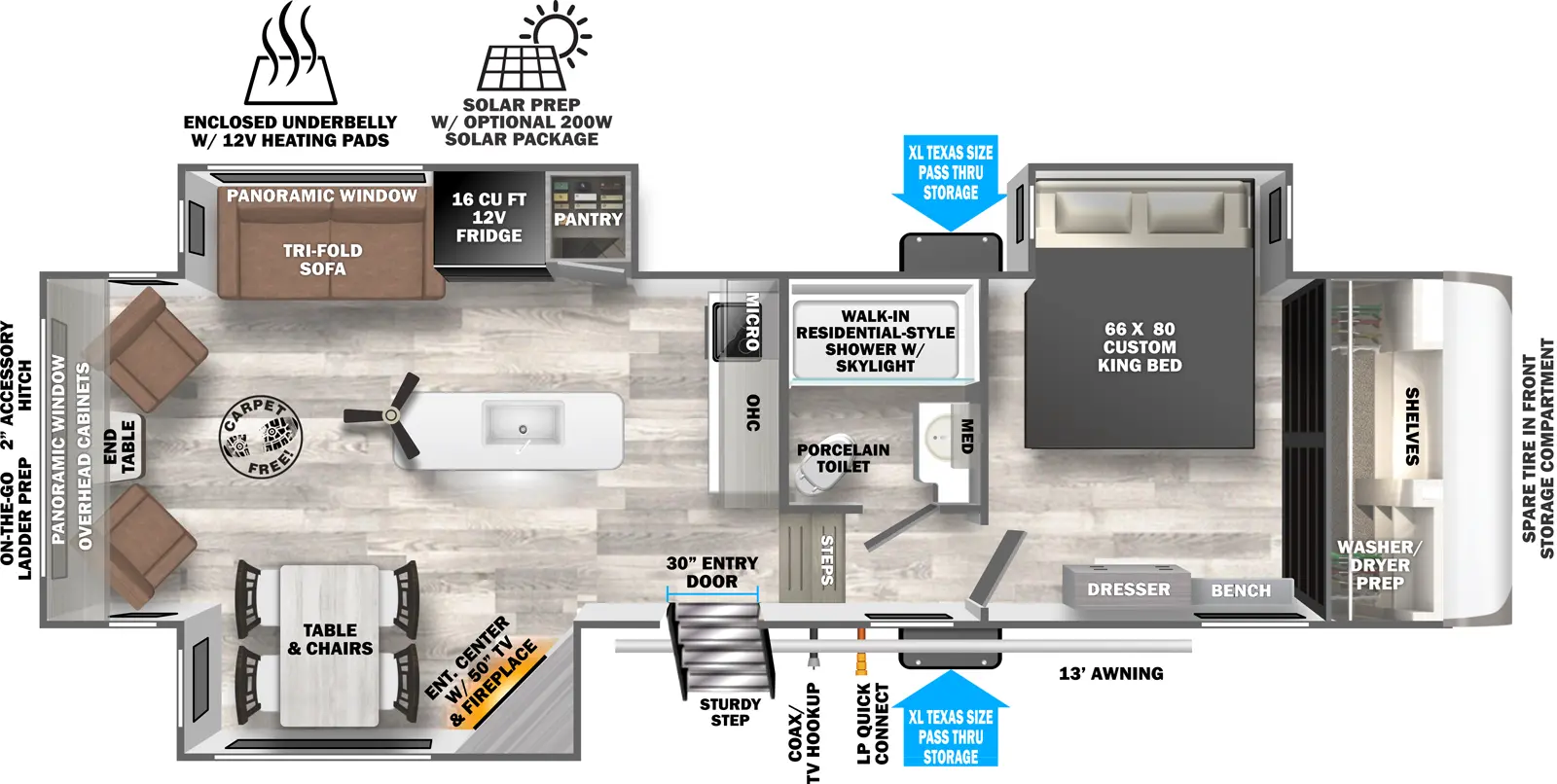 The Hemisphere Fifth Wheels 286RL has one entry and three slide outs. Exterior features include: fiberglass exterior and 13' awning. Interiors features include: kitchen island, front bedroom and rear living.